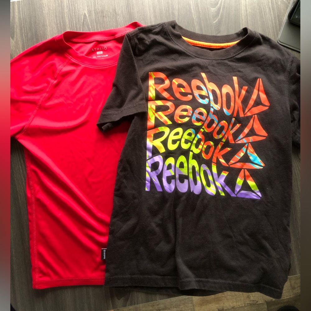 Reebok Black Tee with Multicolor Rainbow Logo. Red Athlio short sleeve shirt.